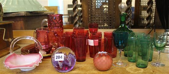 Qty of cranberry & green glassware